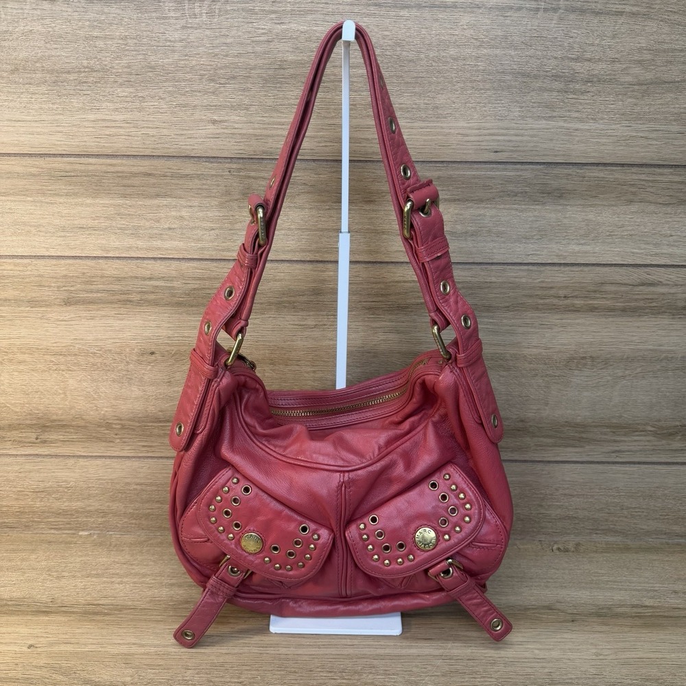 Vintage Marc Jacobs Shoulder Bag Y2K Pink Leather Hobo Studs Buckles Pockets